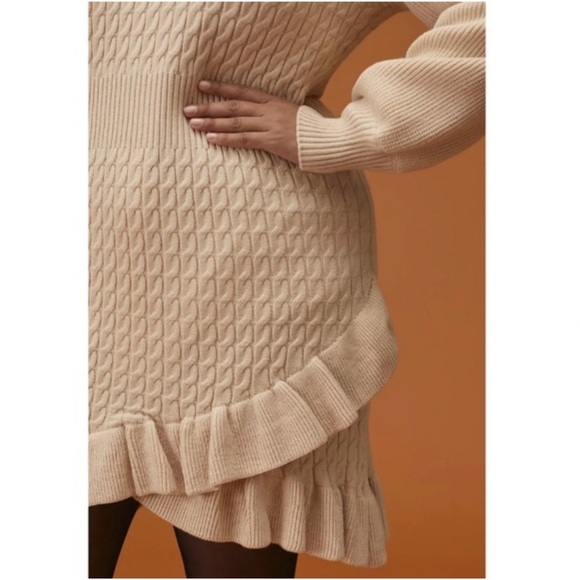 Anthropologie Flat White Cable Knit Cream Ruffle Sweater Dress NWT SZ XL - Picture 5 of 12